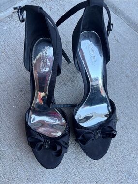 Gianni Bini Black Satin Bow Ankle-Strap Heels